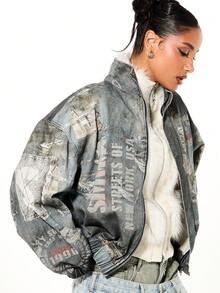 SUMWON WOMEN Oversized Grunge Bomber Jacket With Distressed Vintage Wash And Mixed Print Graphics Perfect For Streetwear Winter Fall Layering - Multicolor - View 4