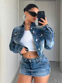 Jeanoix Y2K 低腰宽下摆时尚猫须水洗牛仔超短迷你裙 - 中等水洗藍 - 查看 3