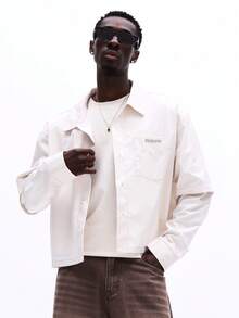 SUMWON休闲双层纽扣衬衫，带胸袋，长袖，短款修身，翻领，适合办公室工作，百搭日常必备纯色 - 杏色 - 查看 1