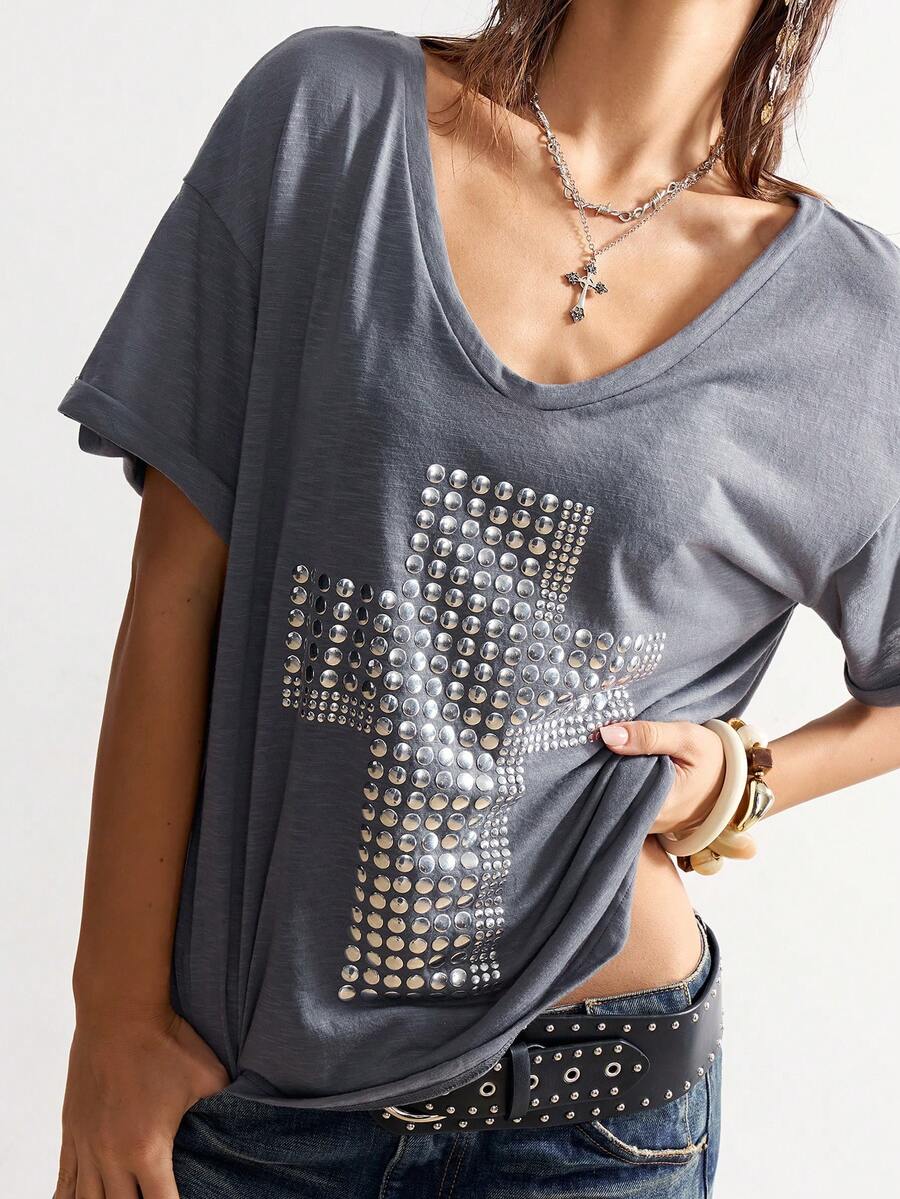 Bohemela 夏季波西米亚风度假Y2K休闲纯色针织V领短袖宽松女式T恤 - 灰色 - 查看 1