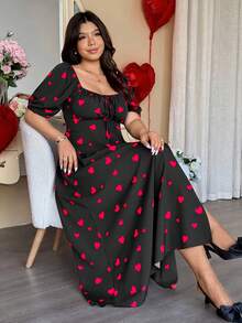 Vionelle 加大码情人节红色爱心图案方领系带袖褶皱A字侧开衩女式连衣裙 - 黑色 - 查看 8