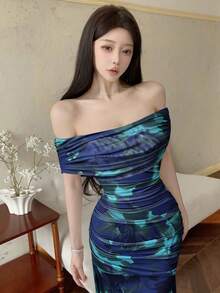 Modelyn Đầm cưới/đầm dự tiệc thanh lịch dành cho nữ, chất liệu lưới hoa, kiểu trễ vai, xếp ly eo. - Nhiều màu - Xem 4