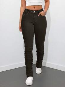 SHEIN Tall Quần jeans ống loe cạp thấp, màu trơn, đa năng, kiểu dáng đơn giản. - màu đen - Xem 3