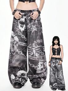 ROMWE Grunge Punk Jeans anchos y sueltos con estampado de cadena de calavera y esqueleto de estilo gótico oscuro - Gris - Ver 1