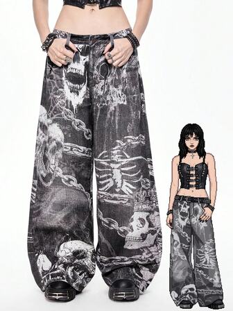 Grunge Punk Dunkel Gothic Totenkopf Skelett Ketten Muster weite Schlupfhose