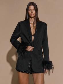 SHEIN BAE High-End Ostrich Feather Cuff Diamond-Studded Women's Blazer, Elegant Party Attire, Sophisticated Party Jacket, Perfect For Festive Occasions, Premium Blazer, Versatile Black Blazer. - Black - View 4