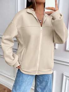 Flirla Áo nỉ dài tay cổ đứng màu trơn có khóa kéo, túi, dành cho nữ, kiểu dáng thường ngày. - Màu be - Xem 4