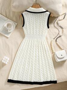 Girls' Sleeveless Twist Rope A-Line Knitted Dress, Holiday Vacation Casual Style, Ivory, Christmas, School, Daily Versatile Knitted Dress White Knitted Dress Cable Knit Dress - White - View 2