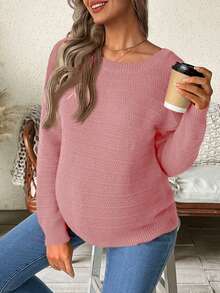 SHEIN Maternity Casual Solid Color Bowknot Drop Shoulder Long Sleeve Sweater - Dusty Pink - View 2