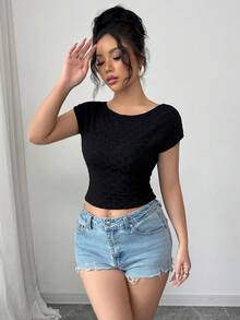 Elenzga Women's Solid Bubble Texture Backless Elastic Fitted T-Shirt, Suitable For Summer - Black - View 6