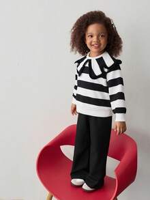 Maija Kids 女童条纹彼得潘领卫衣和裤子休闲套装 - 黑與白 - 查看 6
