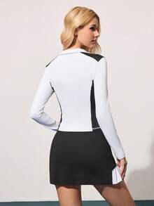 CourtClass 女士高尔夫球衫及裙子套装，休闲优雅高尔夫球衫长袖上衣及高尔夫/网球裙 - 黑與白 - 查看 2