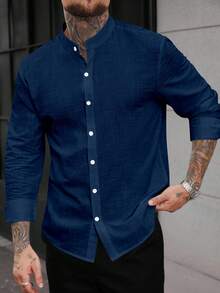 Manfinity CasualCool 男士休闲纯色前开襟长袖衬衫，秋季款 - 藏蓝色 - 查看 5