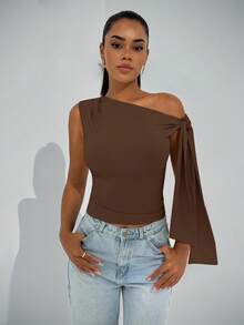 SHEIN BAE Áo cánh lệch vai buộc dây cổ chéo thanh lịch dành cho nữ, thích hợp cho các buổi hẹn hò hàng ngày, đi chơi, hộp đêm, tụ tập tiệc tùng, trang phục câu lạc bộ dành cho nữ, trang phục Halloween - màu nâu - Xem 4