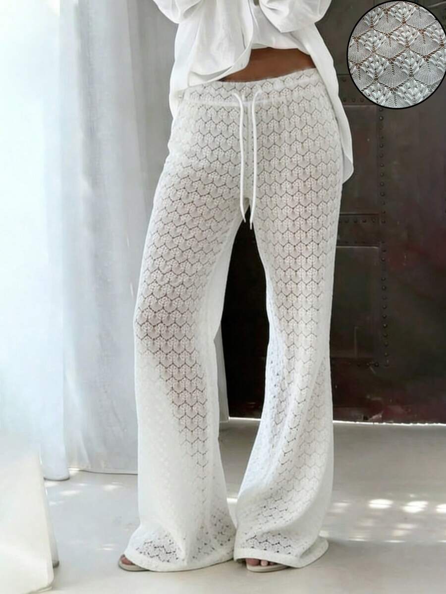 SHEIN LUNE Women's Textured Fabric Hollow-Out Drawstring Loose Casual Pants - White - View 1