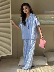 Dazy Kids 少女条纹翻领短袖单排扣上衣和裤子睡衣套装 - 藍色 - 查看 2