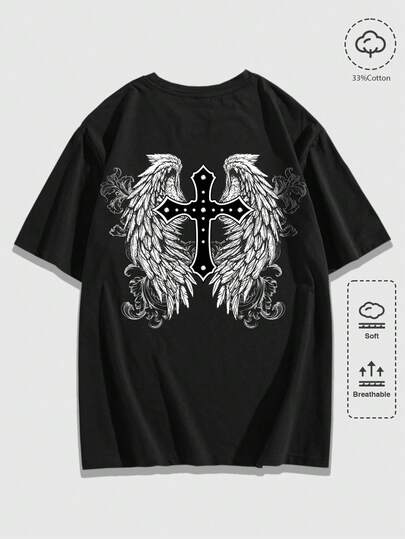 ROMWE MEN Academia Camiseta de manga corta de cuello redondo negra con estampado de cruz y letras para hombre