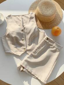 Comfortcana Ladies' Single-Breasted Suit Vest And Shorts Set In Fall/Winter - Apricot - View 6
