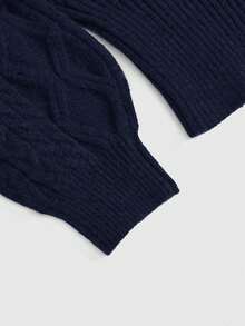 ROMWE Romantic Thick Knit Z-Pattern Deep Floral Gray Off Shoulder Lantern Sleeve Pullover Sweater - Navy Blue - View 4