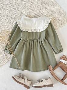 SHEIN 女婴可爱长袖公主裙，时尚自然风，春秋季 - 綠色 - 查看 2