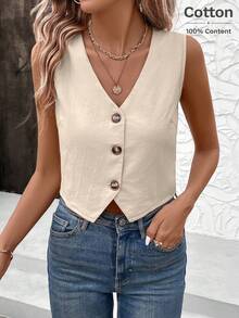 Easowa 女士纯色单排扣休闲背心衬衫
