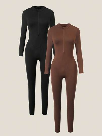 Sparklyn Girls' Casual Basic Sports Street Skiing Diving Zipper Stand Collar Long Sleeve Tight Knit Jumpsuit Fall Winter