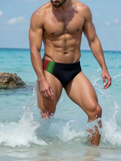 Horizaway Pantaloncini da bagno estivi da uomo con blocchi di colore e triangolo elastico