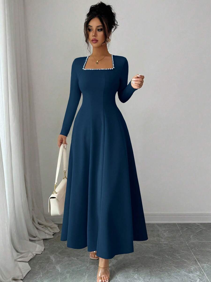 Elenzga Women Knit Pearl Decor Square Neck Long Sleeve Cinched Waist Flared Hem Vintage Elegant Long Dress,Navy Blue Fall Winter Modest Ankle Length  Dress - Teal Blue - View 1