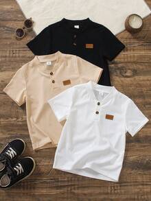 3pcs Young Boy Casual Half-Placket T-Shirts, White, Beige, Black, Each With Brown Button Accents On The Chest, Left Chest Label Highlight, Simple Yet Detailed Design, Suitable For Weekend, Casual Wear, Family Gathering, Back To School - Multicolor - View 1