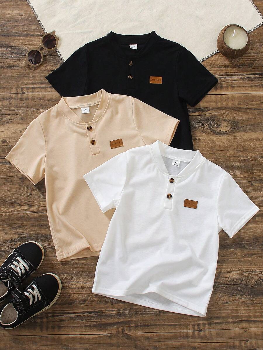 3pcs Young Boy Casual Half-Placket T-Shirts, White, Beige, Black, Each With Brown Button Accents On The Chest, Left Chest Label Highlight, Simple Yet Detailed Design, Suitable For Weekend, Casual Wear, Family Gathering, Back To School - Multicolor - View 1