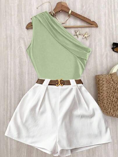 EMERY ROSE Casual Chic Commuting High Elasticity Solid Color Pleated Shoulder Top And White Elastic Waist Pants Set