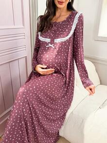 Moonlight&Mama Snygg blommig kontrasterande spetsklänning med långa ärmar för gravida - Multifärgad - Visa 3