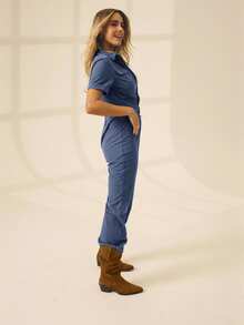 Aralina Women's Solid Color Short Sleeve Utility Pocket Zipper Front Jumpsuit - Blue - View 6