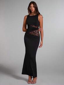 ATUI Studio Women's Black Elegant Lace Stitching Sincere Long Dress,Elegant Women Dresses,Party Women Outfits,New Years Women Dress,Black Women Dresses,New Years Women Outfit,New Year Party Dress - Black - View 1