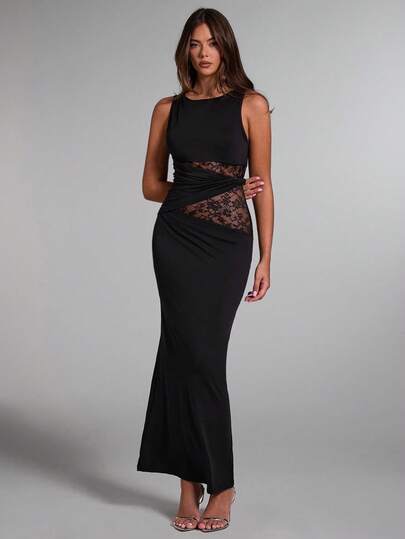 ATUI Studio Women's Black Elegant Lace Stitching Sincere Long Dress,Elegant Women Dresses,Party Women Outfits,New Years Women Dress,Black Women Dresses,New Years Women Outfit,New Year Party Dress