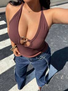 Easura 大码女式金属扣装饰休闲上衣 - 棕色 - 查看 1