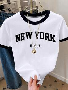 SHEIN 女士圆领字母印花时尚百搭度假短袖T恤 - 彩色 - 查看 3