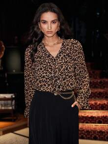 Uhlyne Uhlyne Blusa casual holgada con cuello en V, mangas acampanadas y volantes en el bajo, con estampado de leopardo, para primavera/otoño - Café integral - Ver 5
