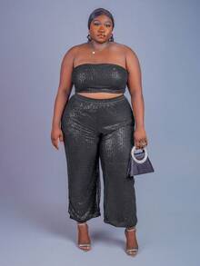 CurvyTilda Plus Size Women Solid Color Elastic Waist Wide Leg Loose Sequin Pants, For Hourglass Body Shape - Black - View 4