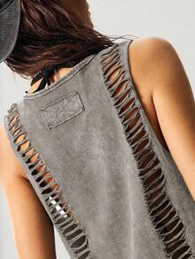 Bohemela Áo tank top dệt kim màu trơn dáng ngắn, đã giặt, dành cho nữ - Xám - Xem 2
