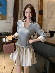 DAZY 充满青春气息的女士休闲撞色衬衫裙 - 灰色 - 查看 4