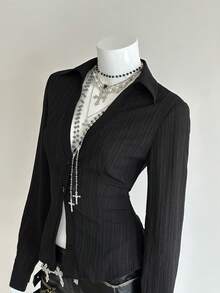 EgrlEra Women's Solid Color Regular Shoulder Long Sleeve Front Button Casual Shirt - Black - View 1