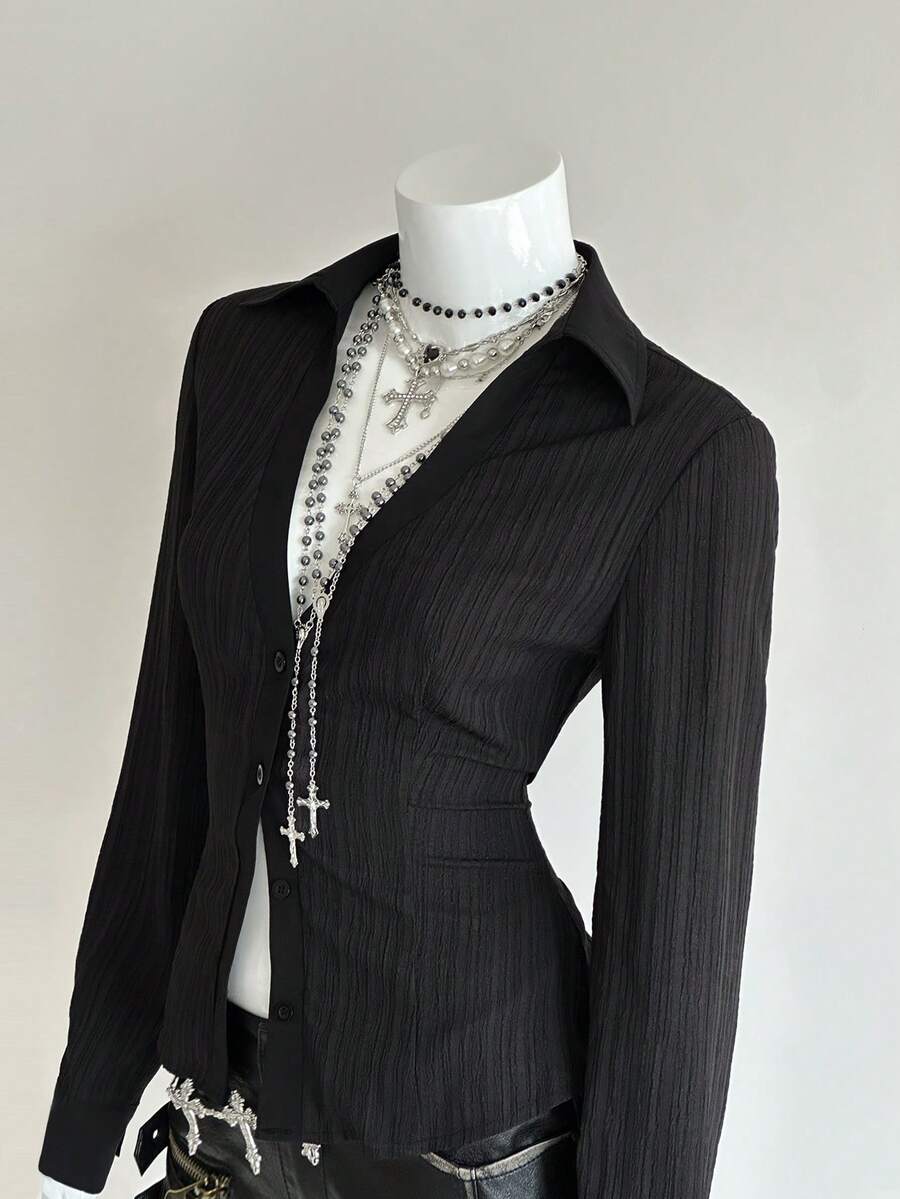 EgrlEra Women's Solid Color Regular Shoulder Long Sleeve Front Button Casual Shirt - Black - View 1