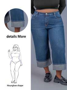 CurvyTilda Plus Size Women Pockets Loose Wide Leg Casual Versatile Jeans,Fall Clothes For Women, For Hourglass Body Shape - Dark Wash - View 9