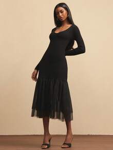 NYA SZN Dress Long Sleeve V Neck Fitted Bodycon Tulle Skirt Black Winter Spring Festival Festival Event Party Special Occasion Midi Length Carnival Outfits For Women - Black - View 6