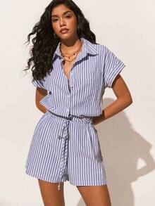 Poéselle 女士休闲条纹连体裤，夏季 - 藍色 - 查看 4