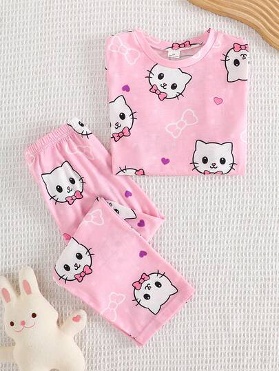 Set de 2 piezas de top de manga corta y pantalones de punto rosa para niñas pequeñas, con diseño lindo de gato y corazón, casual, suave y cómodo para estar en casa, para verano