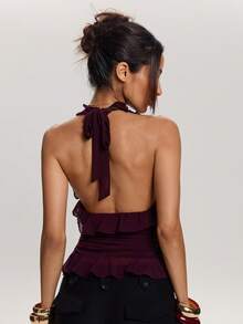 SHEIN BAE Elegant Sexy Ruffle Backless Halter Neck Top, Summer,Elegant,Summer,Spring Break Outfits,Valentine's Day,Carnival,Beach Outfit For Women,Beach ,Vacation,Summer Holiday Outfits ,Purple Top - Purple - View 3