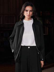 Franclia Veste pour femmes printemps/automne, veste ample à manches longues avec col cranté, taille cintrée plissée, noire, convient pour l'extérieur et les déplacements