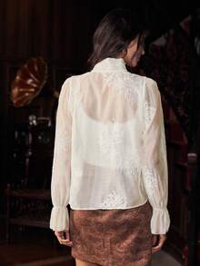 Franclia Blusa con cuello de volantes bordados para mujer, diseño con lazo, para fiesta/cita - Beis - Ver 2